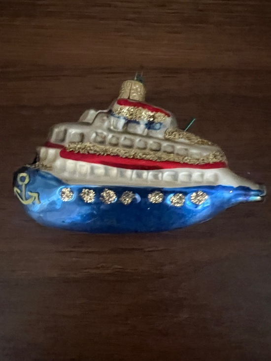 Other - Glass Cruise Ship Ornament in Blue, White & Gold